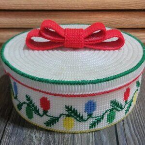 Vintage Handmade Cross Stitch Needle Point Christmas lights Basket Box Container